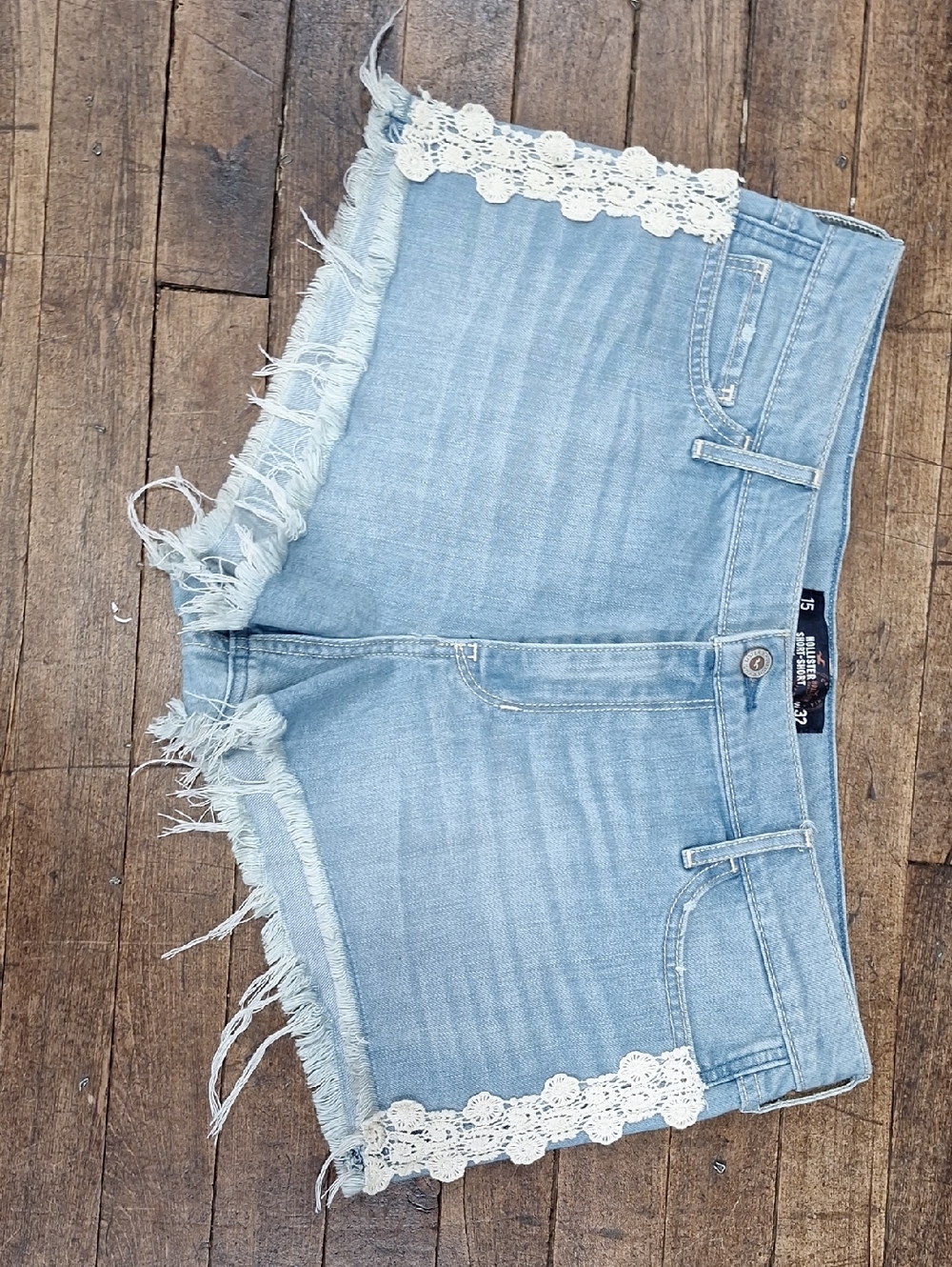Hollister Light Blue Denim Crochet-Trim Shorts, Size 32